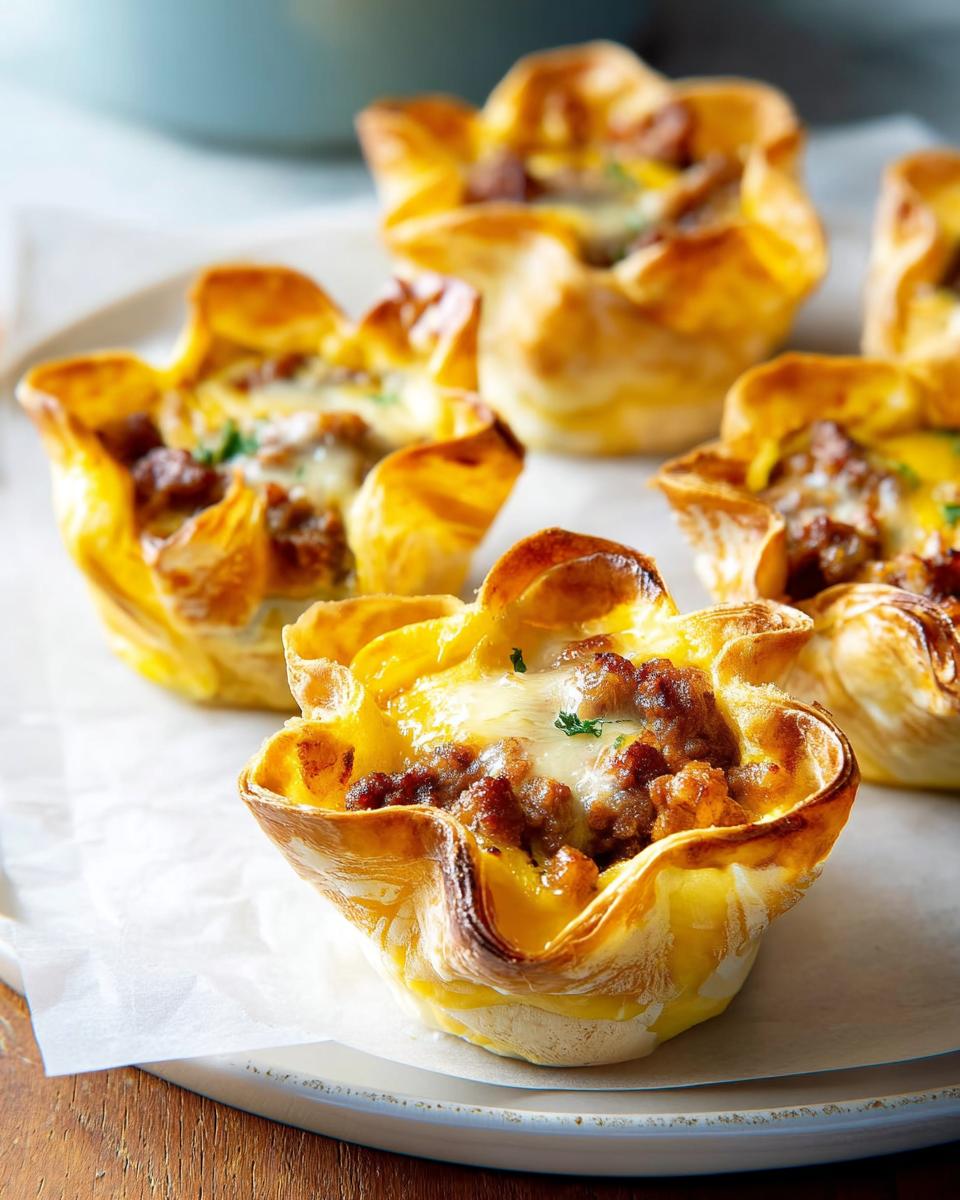 Close-up of golden-brown pastry cups filled with sausage, egg, and melted cheese, a perfect breakfast idea.