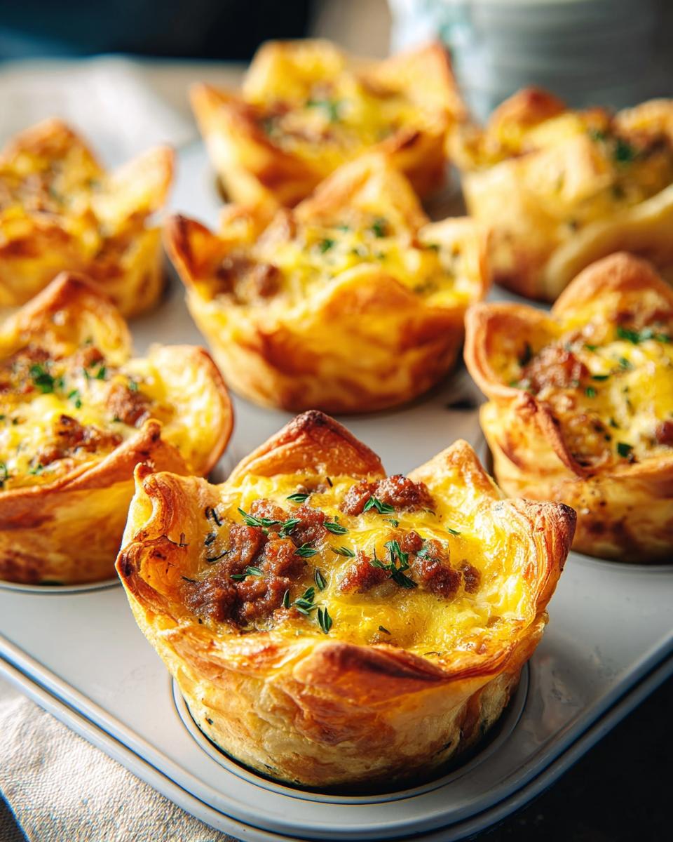 Close-up of golden-brown pastry cups filled with scrambled eggs, sausage, and herbs, perfect for breakfast ideas.
