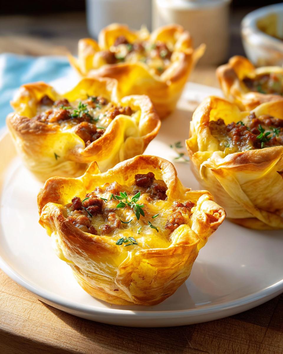 Close-up of golden-brown pastry cups filled with sausage and melted cheese, a perfect breakfast idea.