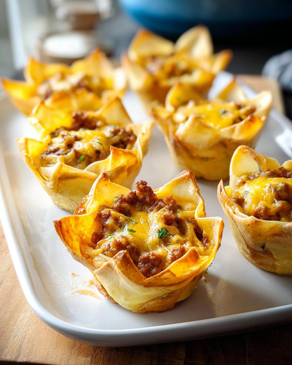 Close-up of savory wonton cups filled with sausage and cheese, a perfect breakfast idea recipe.
