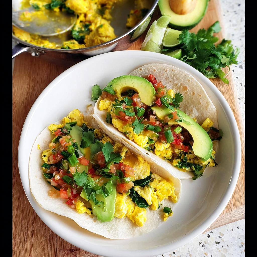 Two breakfast tacos filled with scrambled eggs, pico de gallo, avocado, and cilantro, part of Best Breakfast Ideas 2025.