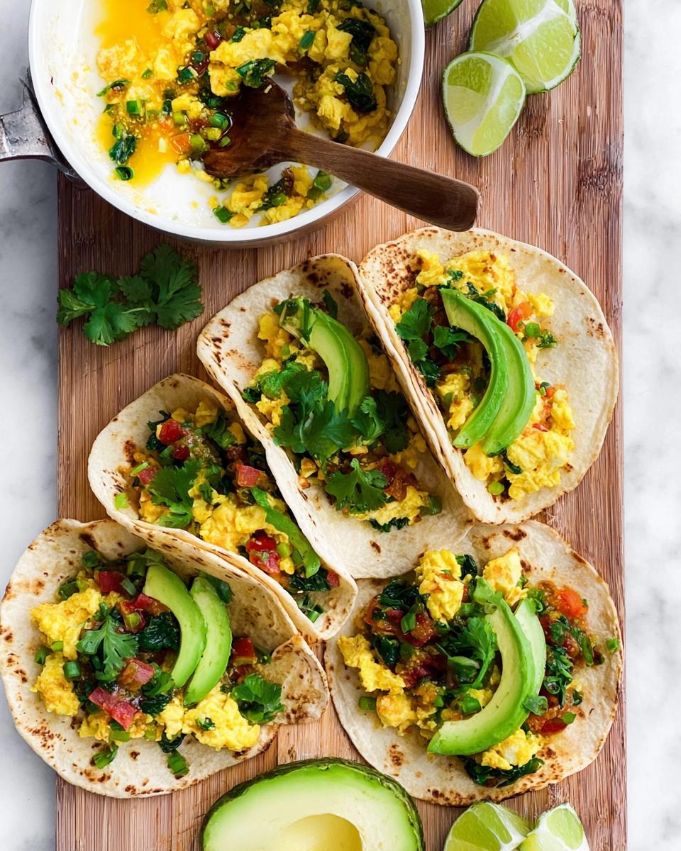 Crispy outside, juicy inside breakfast tacos filled with scrambled eggs, avocado, and cilantro.