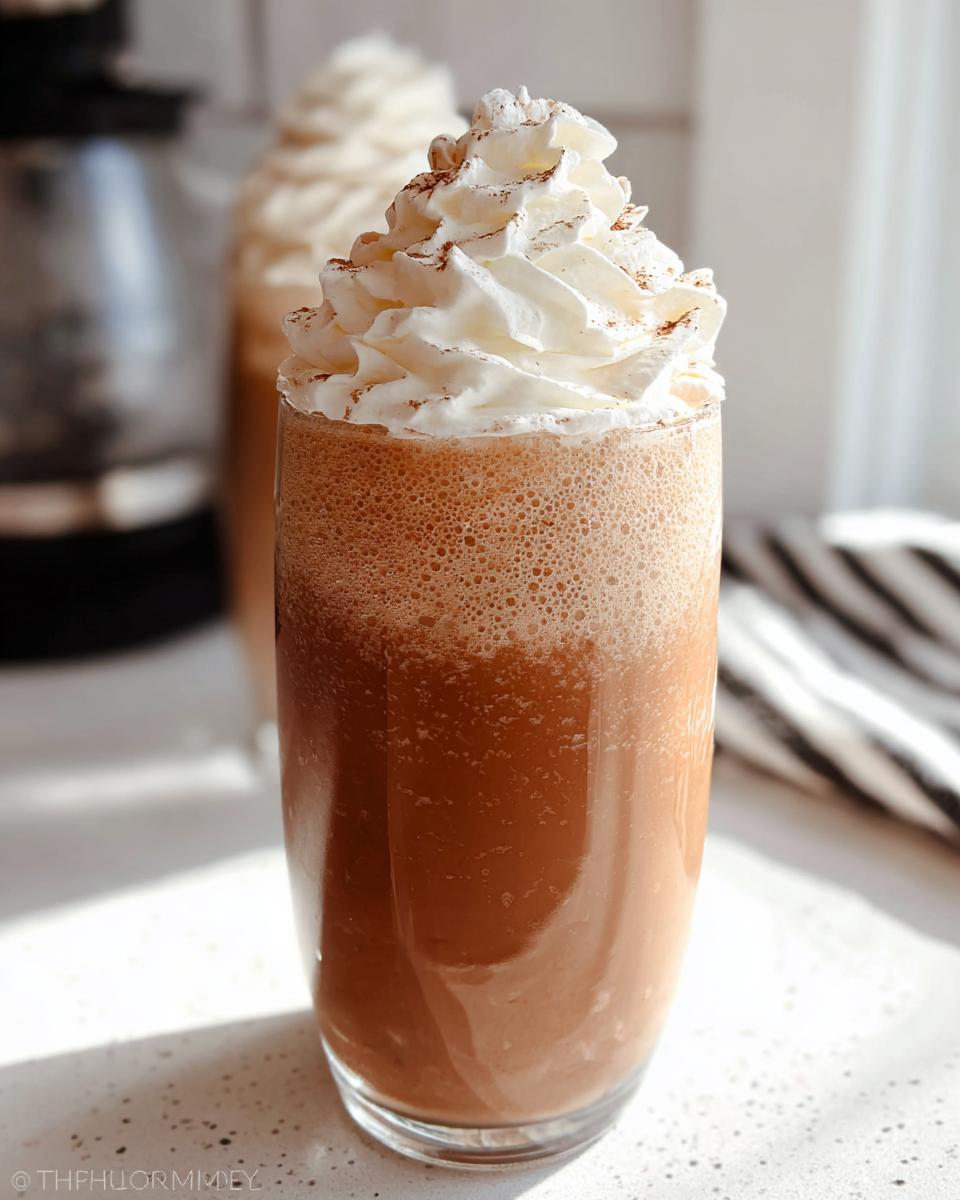 A tall glass filled with a blended, frothy Mocha Frappuccino topped high with whipped cream and dusted with cocoa.