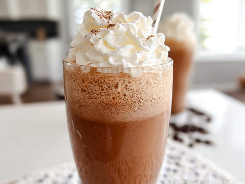 A tall glass filled with a blended, frothy Mocha Frappuccino, topped high with whipped cream and a dusting of cocoa.