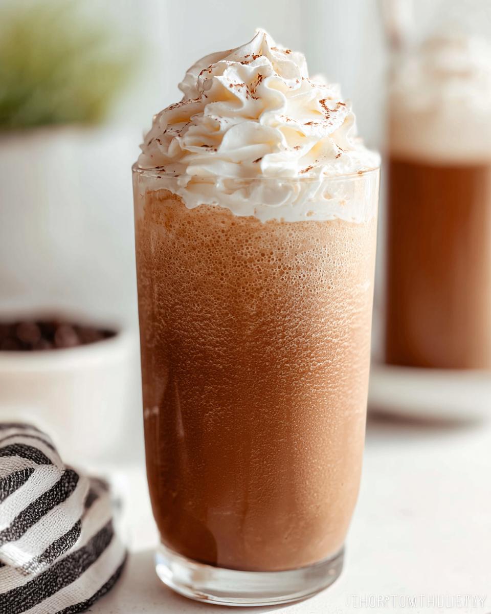 A tall glass filled with a blended Mocha Frappuccino, topped high with whipped cream and a dusting of cocoa powder.