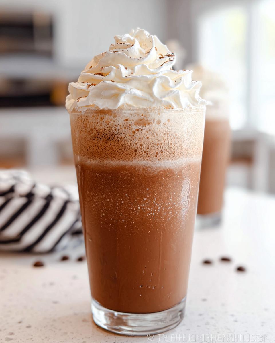 Close-up of a tall glass filled with a blended Mocha Frappuccino, topped high with whipped cream and a dusting of cocoa.