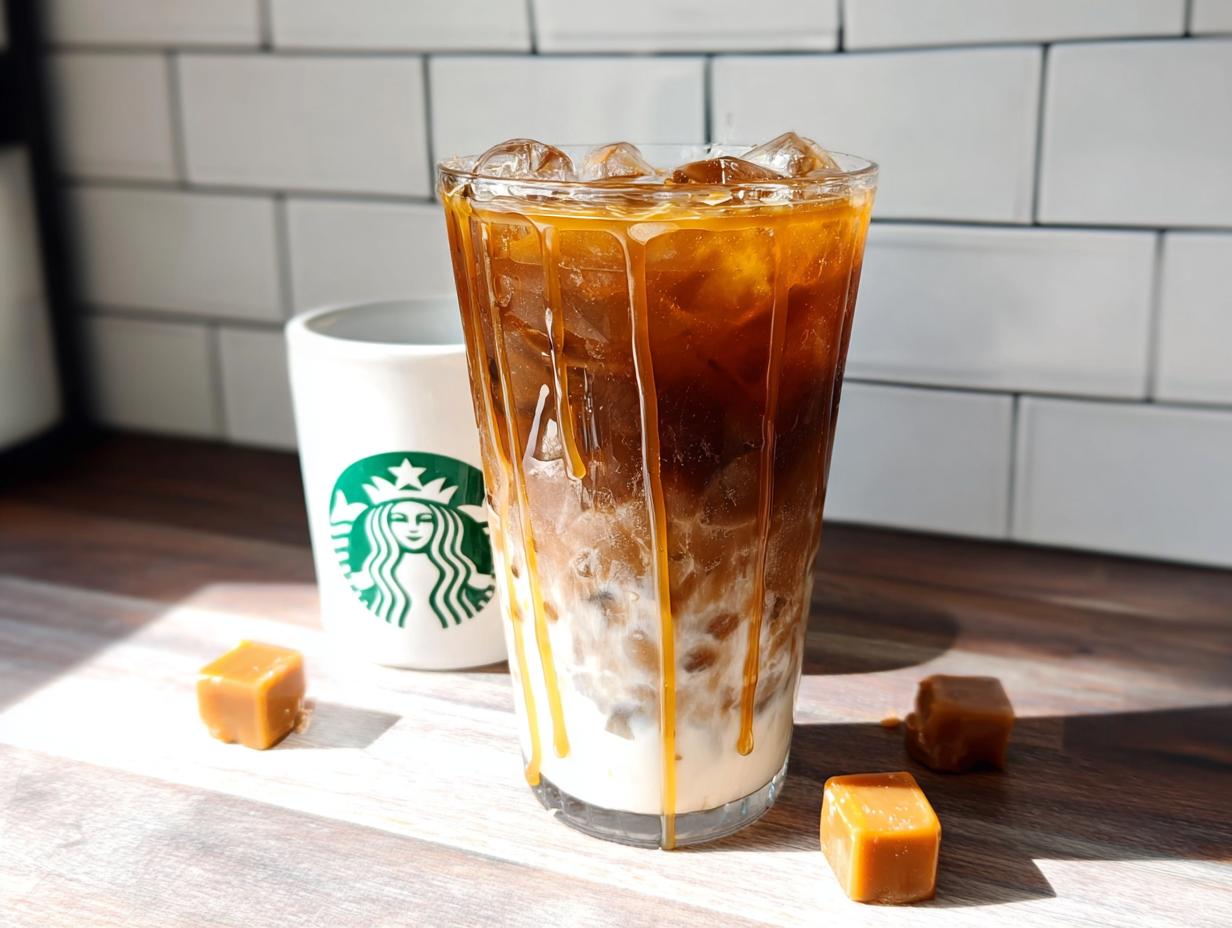 A tall glass of homemade Café-Style Iced Caramel Macchiato with layered milk, espresso, and caramel drizzle, next to a Starbucks cup.