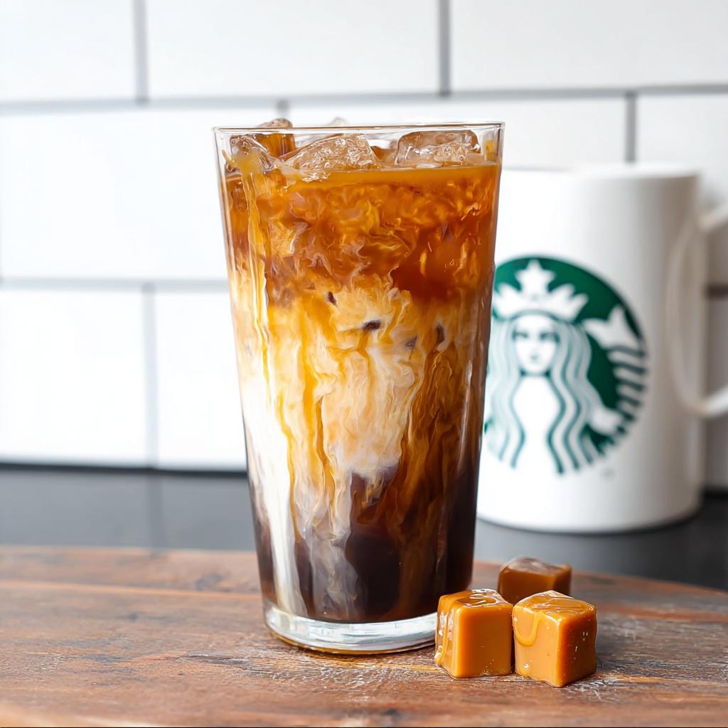 Close-up of a layered Café-Style Iced Caramel Macchiato with ice, next to caramel squares and a blurred coffee logo mug.