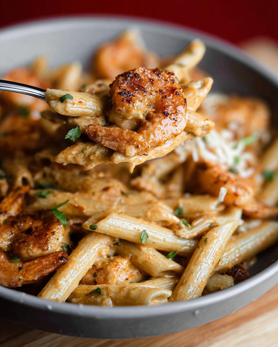 A fork lifts a piece of blackened shrimp coated in creamy sauce from a bowl of Cajun Shrimp Pasta Recipe.