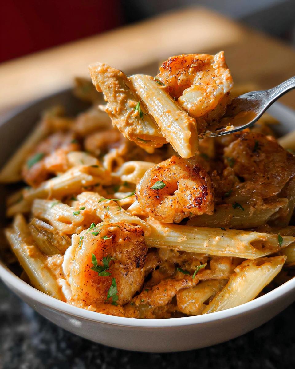 A fork lifts a bite of creamy Cajun Shrimp Pasta, showing seasoned shrimp and penne coated in a rich sauce.