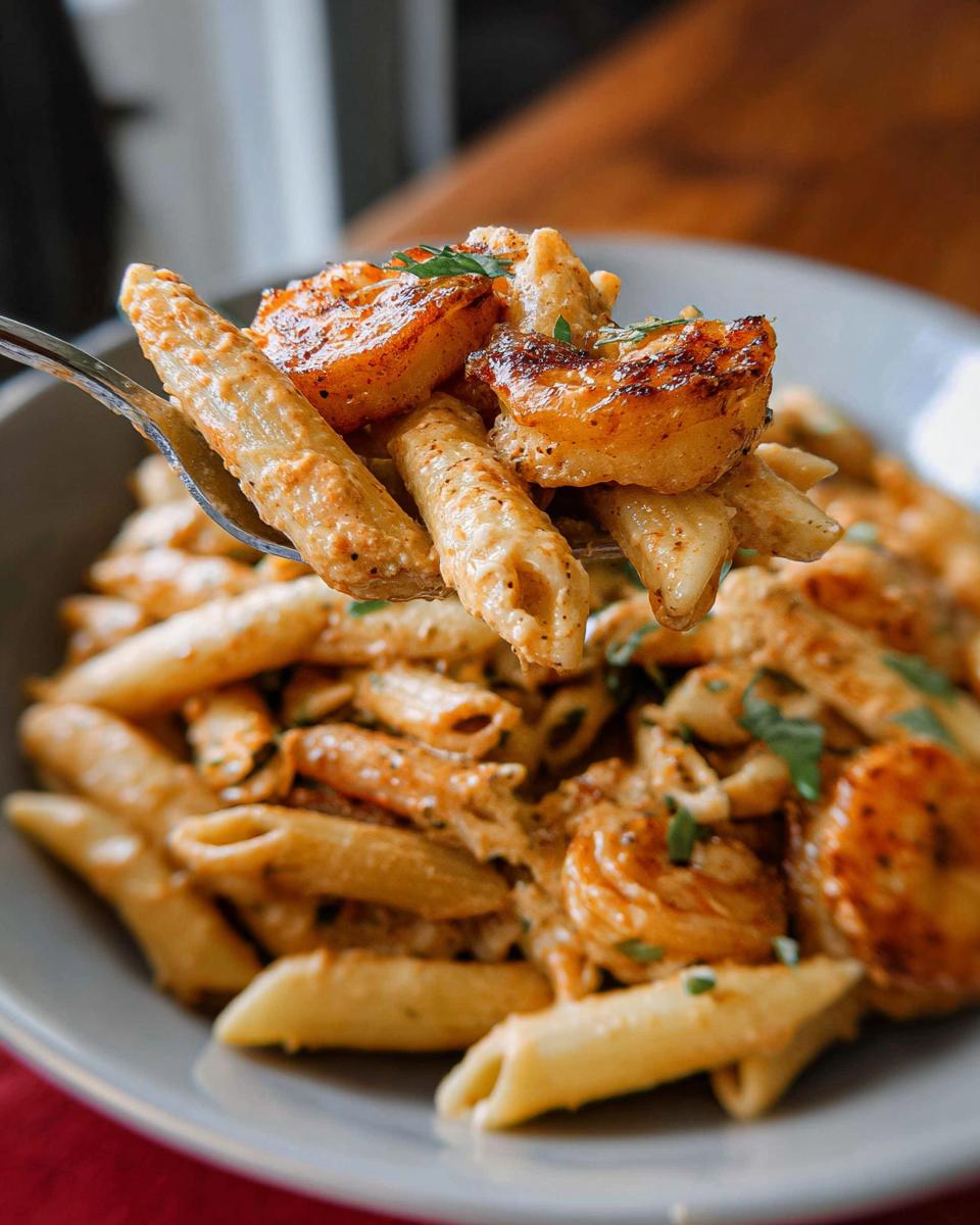 Close-up of a fork lifting penne pasta and seared shrimp from a bowl of creamy Cajun Shrimp Pasta Recipe.