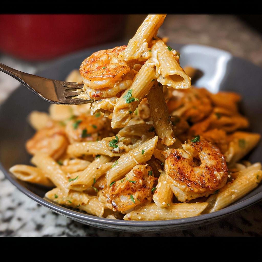 A fork lifting penne pasta and seasoned shrimp from a bowl of Cajun Shrimp Pasta Recipe.