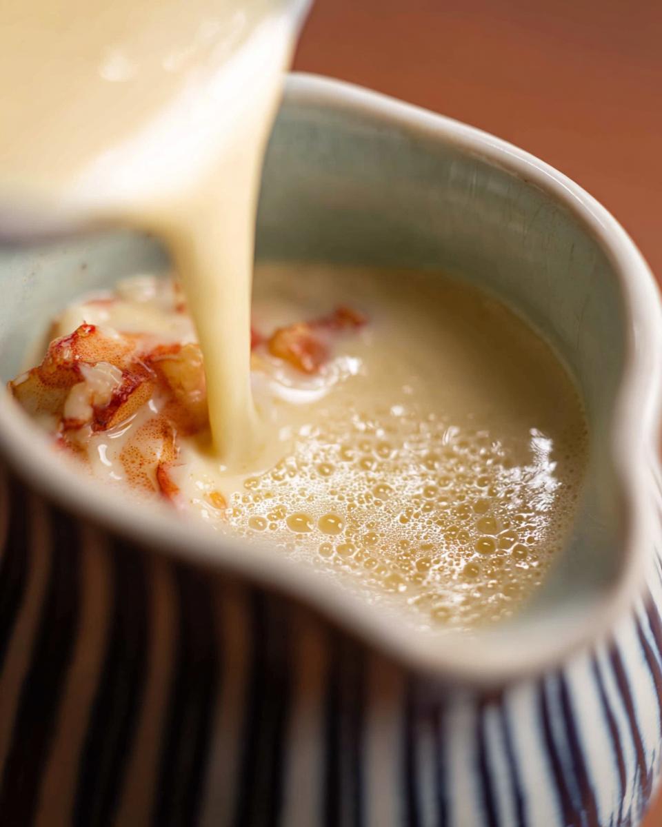 A rich, yellow Champagne Cream Sauce for Seafood is being poured over pieces of red lobster meat in a striped ceramic pitcher.