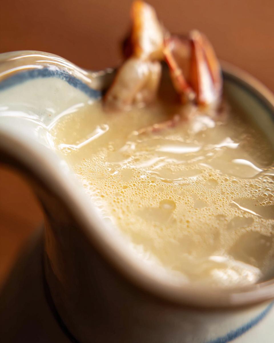 Close-up of rich Champagne Cream Sauce for Seafood, slightly frothy, with a piece of shrimp visible in the background.