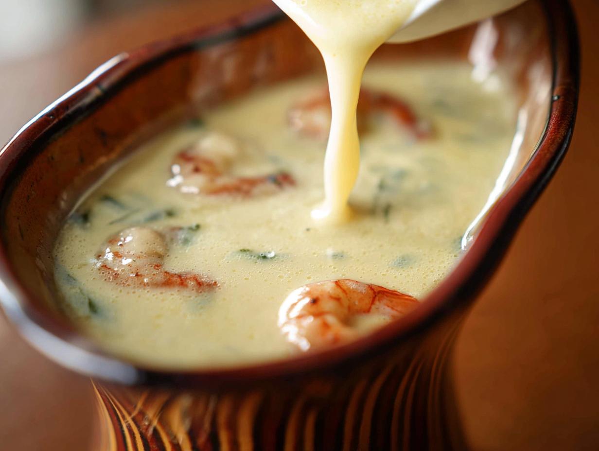 Pouring rich Champagne Cream Sauce for Seafood over cooked shrimp in a decorative brown bowl.