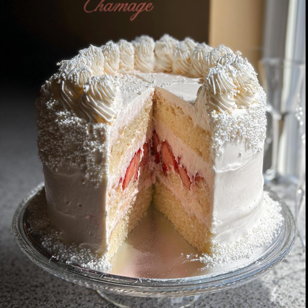 A slice removed from a Champagne Layer Cake with Buttercream, revealing layers of light cake, pink filling, and fresh strawberries.