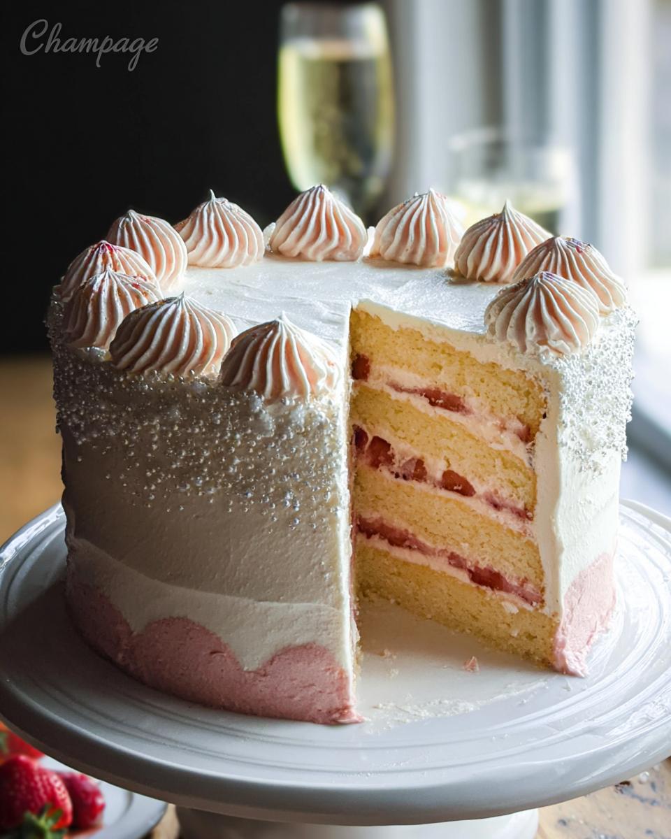 A slice removed from a Champagne Layer Cake with Buttercream, revealing layers of cake and strawberry filling.
