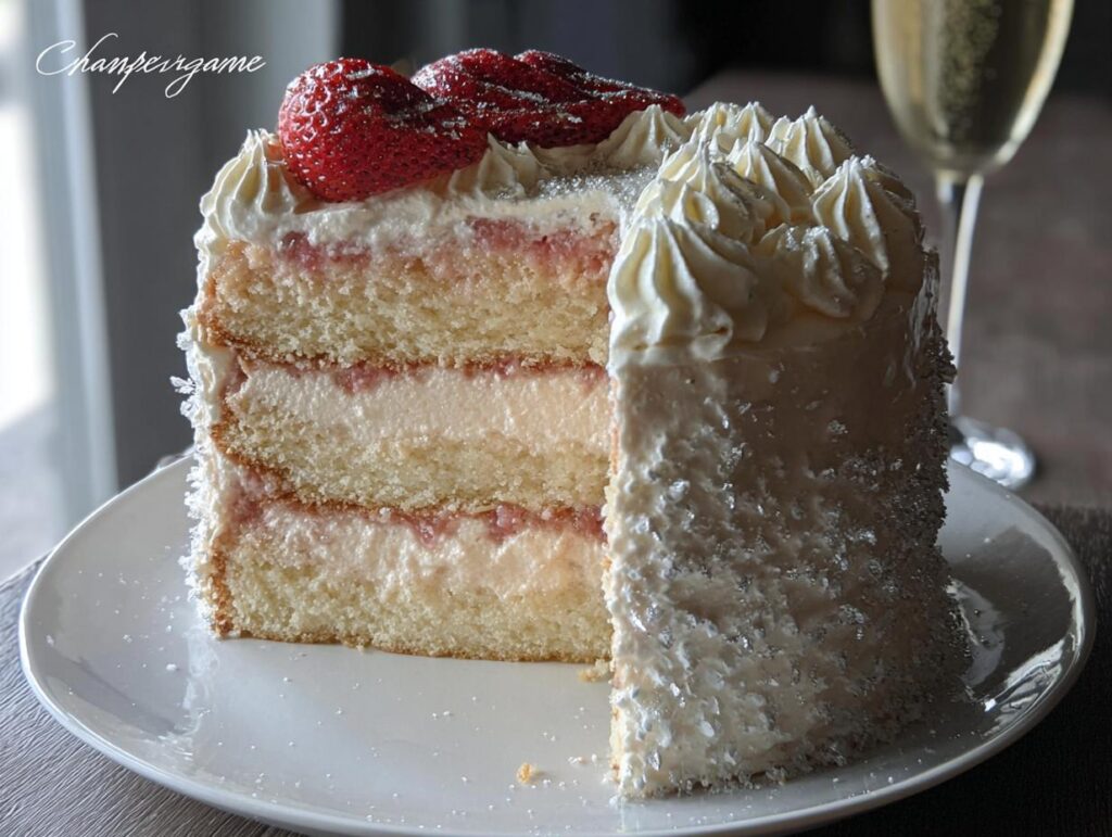 A slice of Champagne Layer Cake with Buttercream featuring three layers, strawberries, and silver sprinkles.