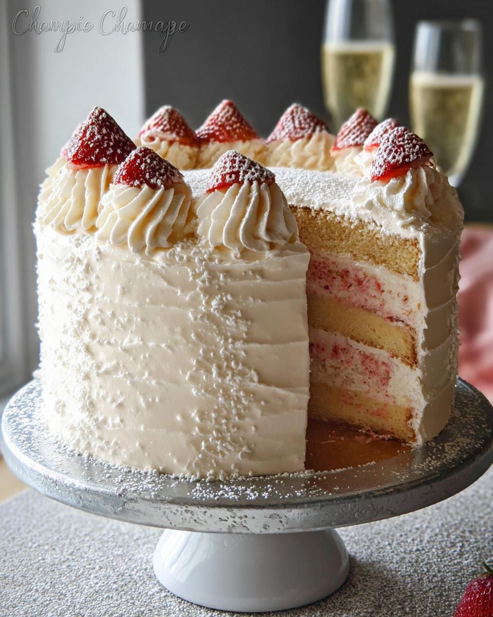 A slice removed from a tall Champagne Layer Cake with Buttercream, topped with strawberries.