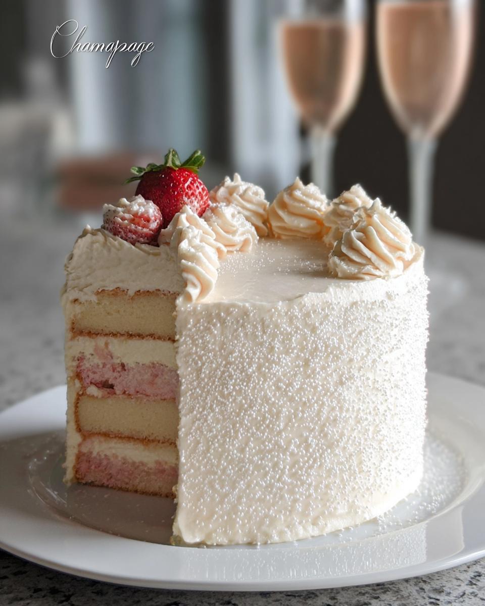A slice removed from a Champagne Layer Cake with Buttercream, showing pink and white layers, topped with frosting swirls and a strawberry.