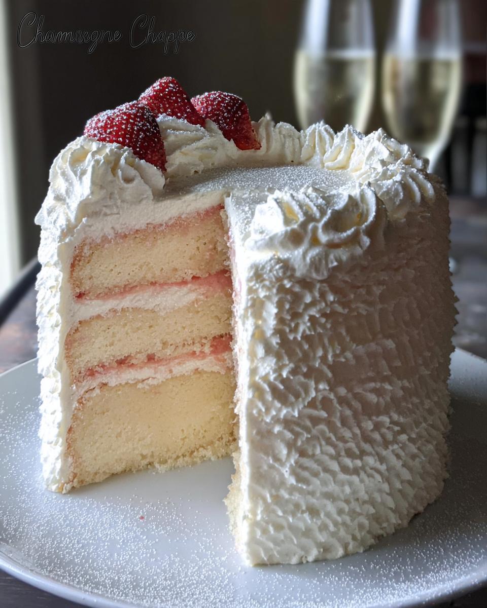 A slice cut from a tall Champagne Layer Cake with Buttercream, showing three layers and strawberry topping.