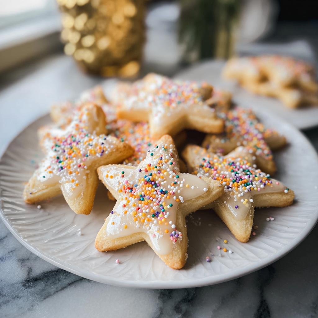 Close-up of star-shaped Champagne Sugar Cookies topped with white glaze and colorful sprinkles on a white plate.
