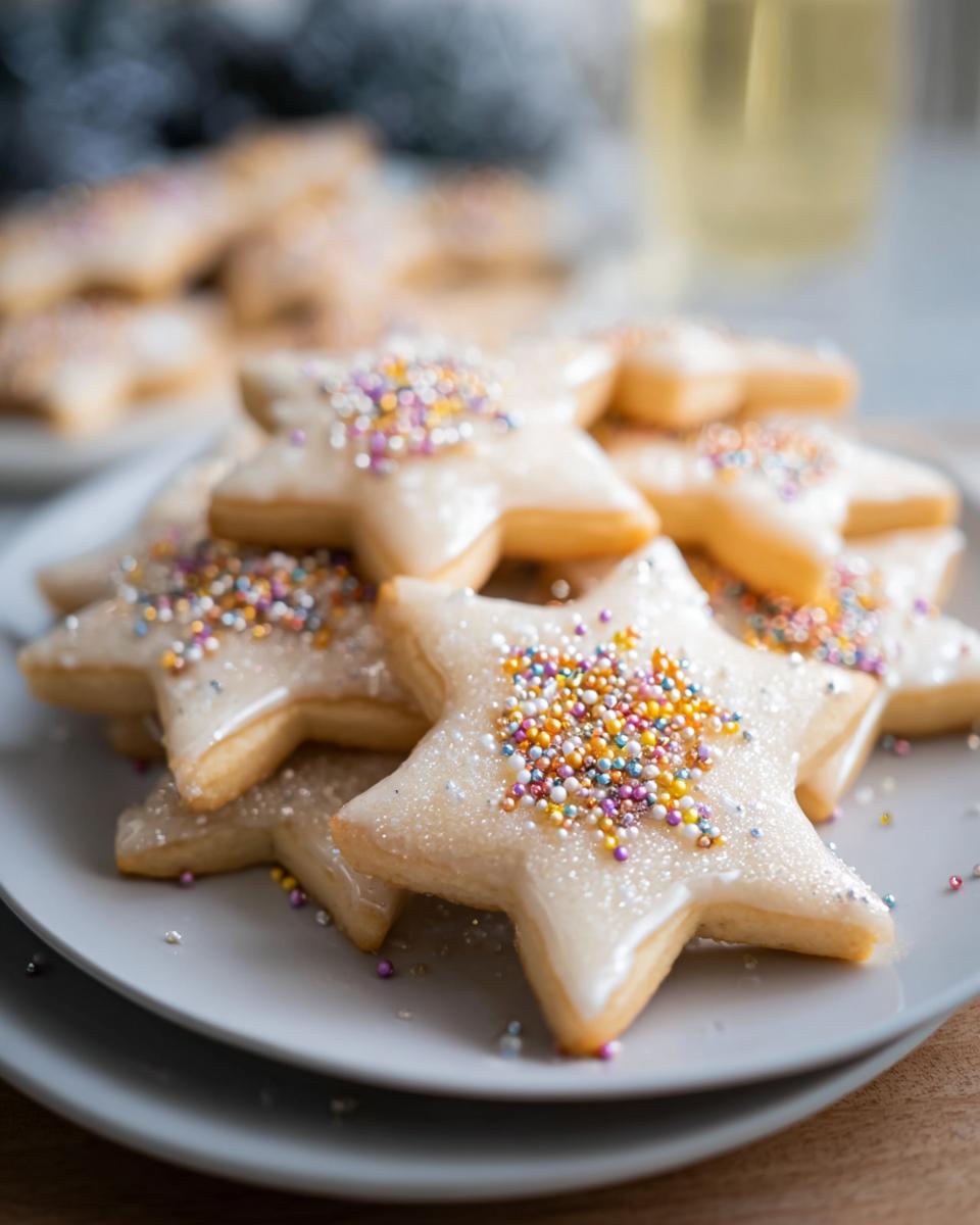A stack of star-shaped Champagne Sugar Cookies topped with white glaze and colorful nonpareils.