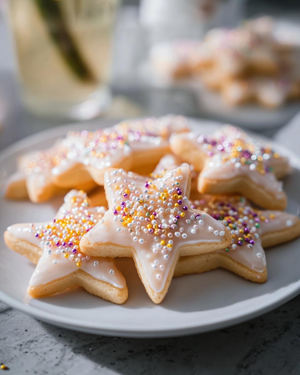 A plate piled high with star-shaped Champagne Sugar Cookies topped with white glaze and colorful sprinkles.