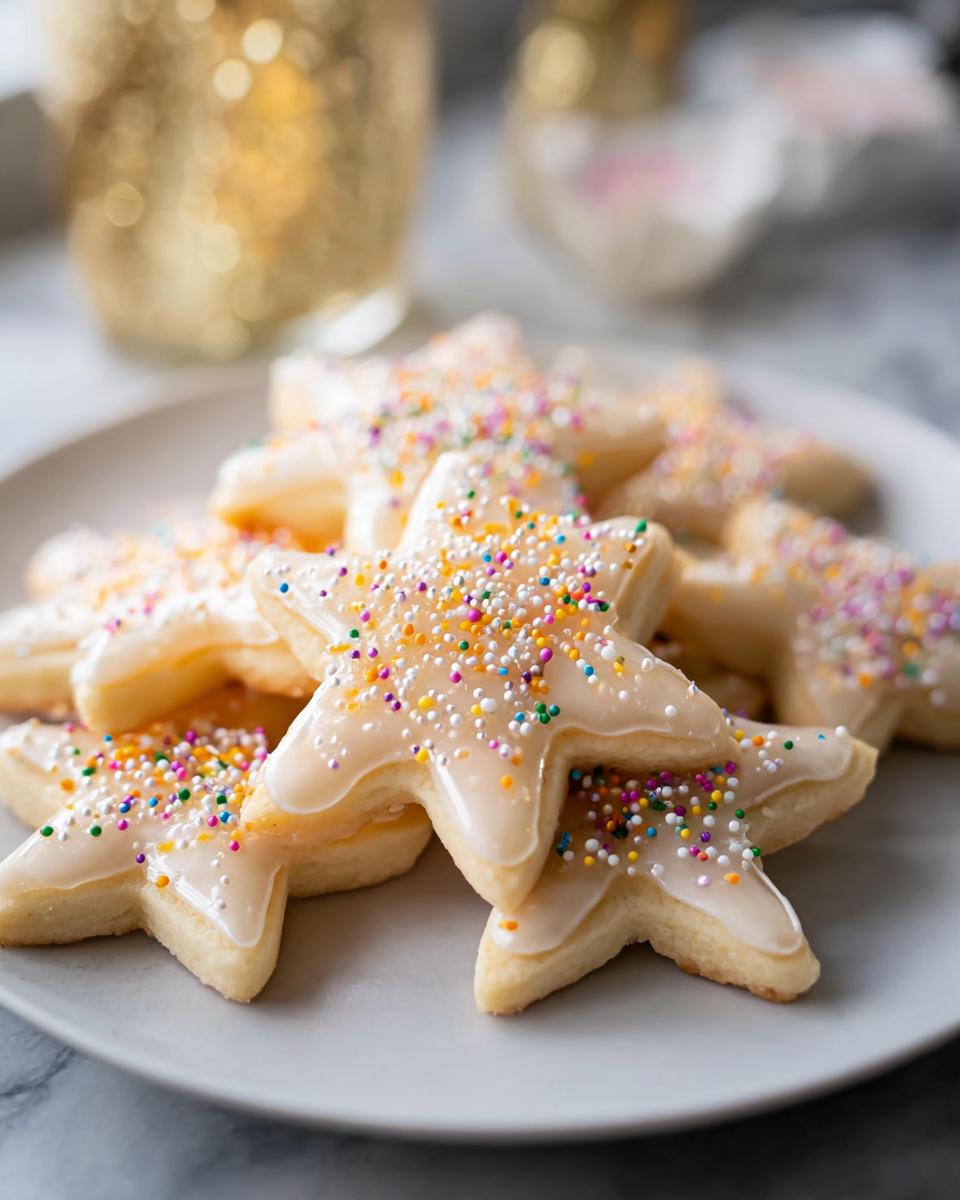 A pile of star-shaped Champagne Sugar Cookies topped with white glaze and colorful sprinkles on a light gray plate.
