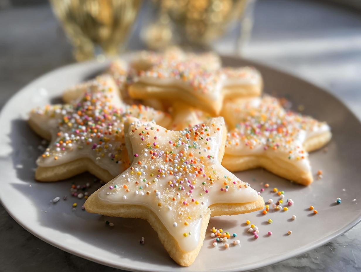Close-up of star-shaped Champagne Sugar Cookies topped with white glaze and colorful sprinkles on a plate.