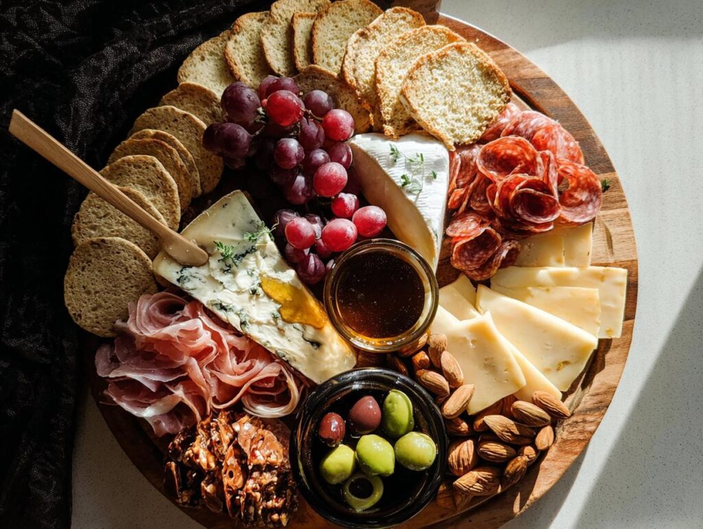 A beautifully arranged Cheese Board in 10 Minutes featuring blue cheese, grapes, salami, almonds, and crackers.