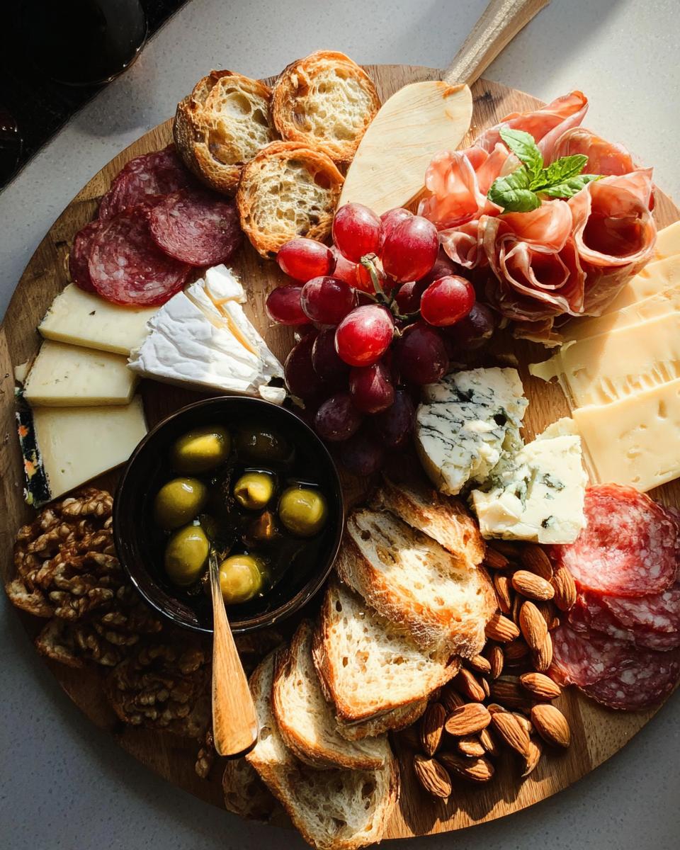 Overhead view of an abundant Cheese Board in 10 Minutes featuring meats, cheeses, grapes, olives, nuts, and crostini.