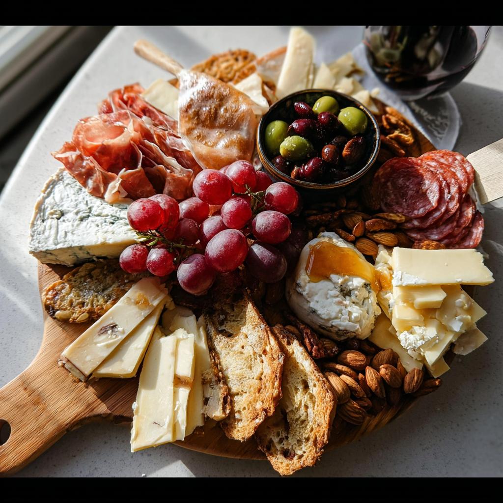 A stunning, fully assembled Cheese Board in 10 Minutes featuring grapes, cured meats, various cheeses, olives, and almonds.