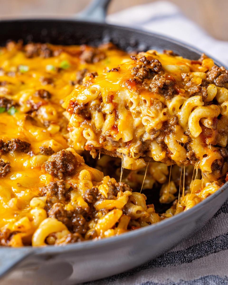 A serving spoon lifts a portion of cheesy Cheeseburger Casserole from a skillet, showing melted cheese stretching between the serving and the main dish.