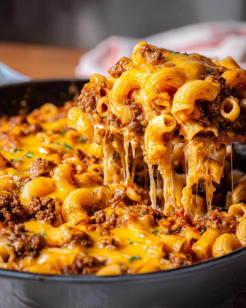 A serving spoon lifts a cheesy, meaty scoop of Cheeseburger Casserole (One Pan) showing long cheese pulls.