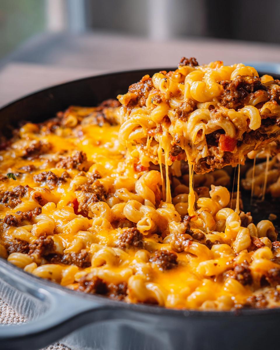 A spoonful of cheesy Cheeseburger Casserole being lifted from a skillet, showing melted cheese strings.