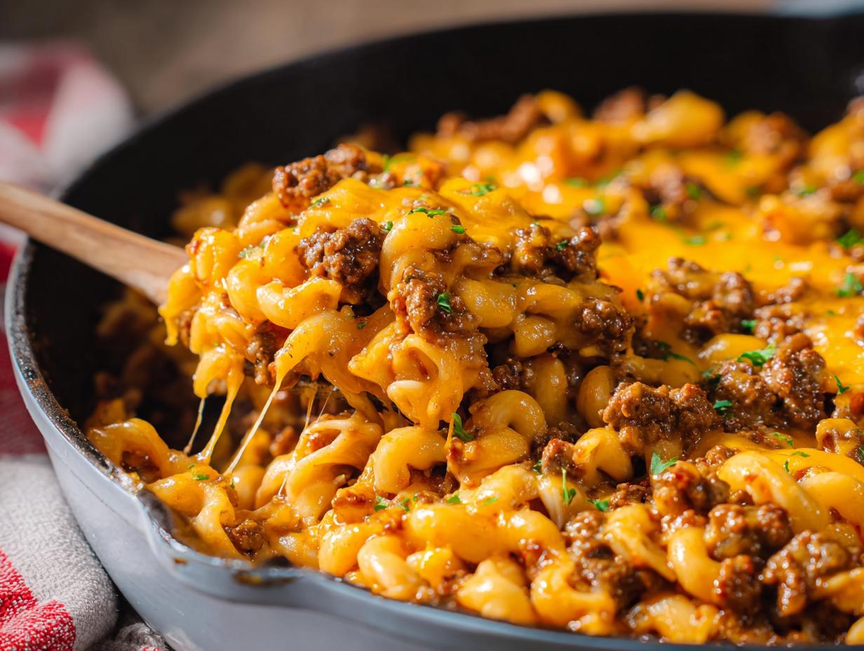 A wooden spoon scoops cheesy, saucy pasta and ground beef from a skillet of Cheeseburger Casserole, showing melted cheese pull.