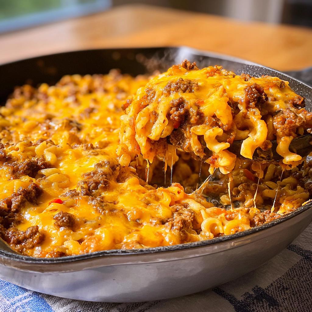 A spoonful of hot Cheeseburger Casserole being lifted from a skillet, showing melted, stringy cheese and ground beef.