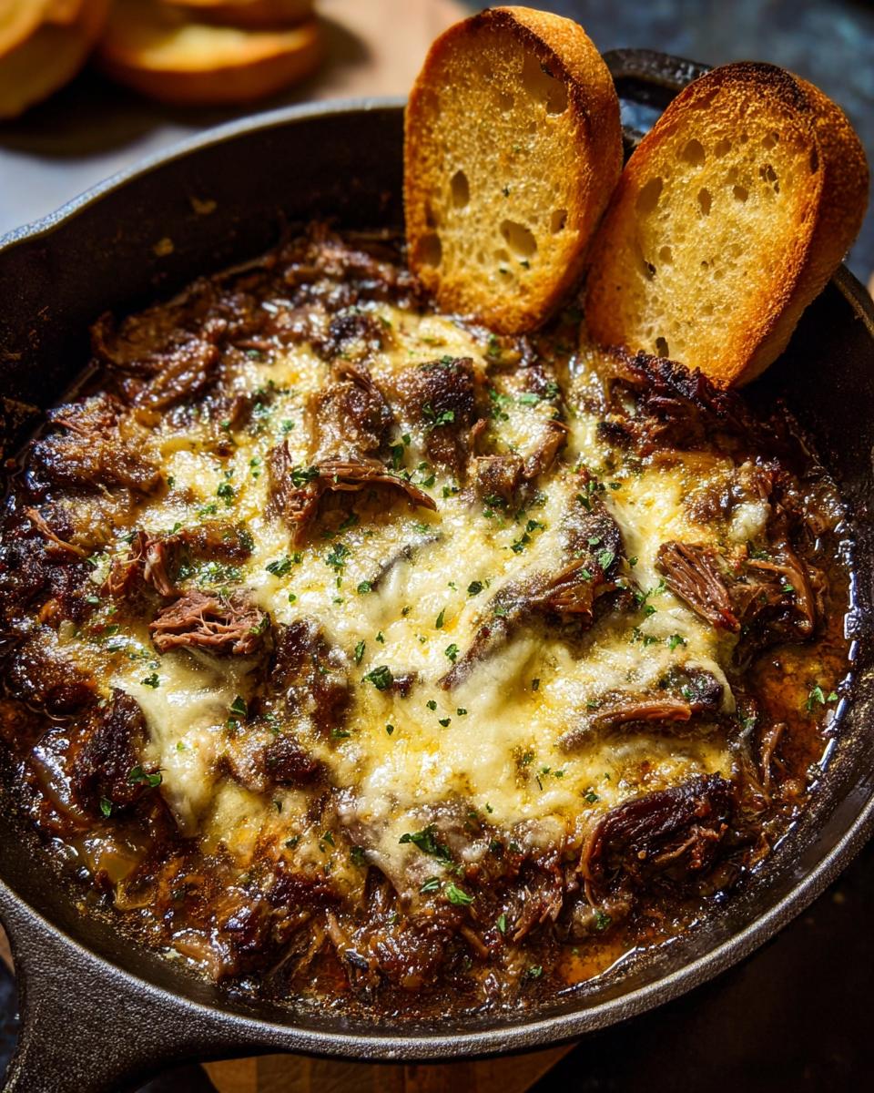 Close-up of a cheesy beef dish in a cast-iron skillet, served with toasted bread, a perfect one-pan dinner.