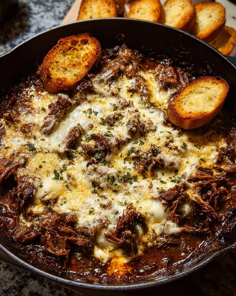 Close-up of a cheesy beef one-pan dinner recipe in a cast iron skillet, topped with melted cheese and toasted bread slices.