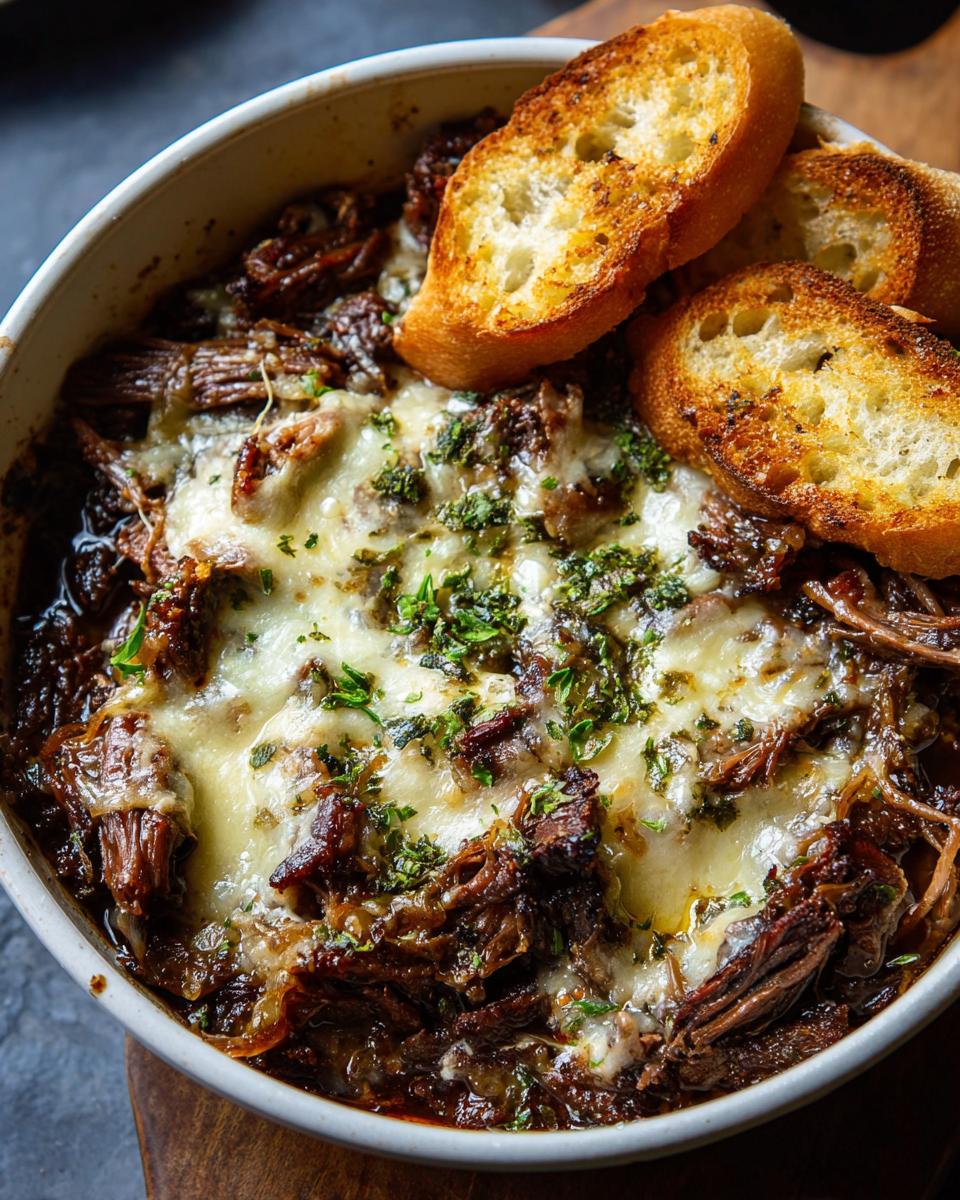 Close-up of a cheesy beef one-pan dinner recipe topped with toasted bread and herbs.