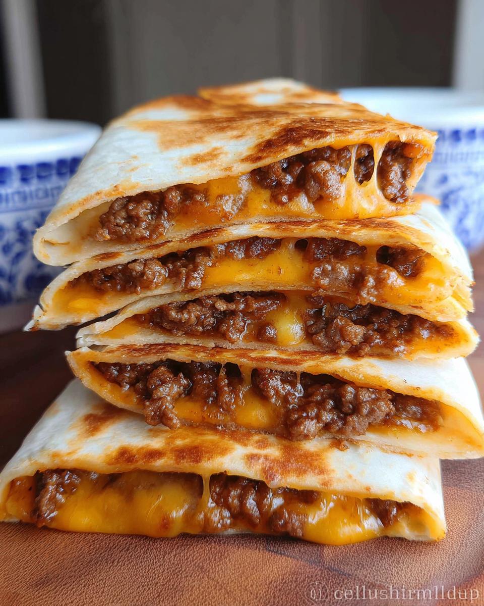 A stack of four halved Cheesy Beef Quesadillas showing melted cheese stretching between layers of seasoned ground beef and toasted tortillas.