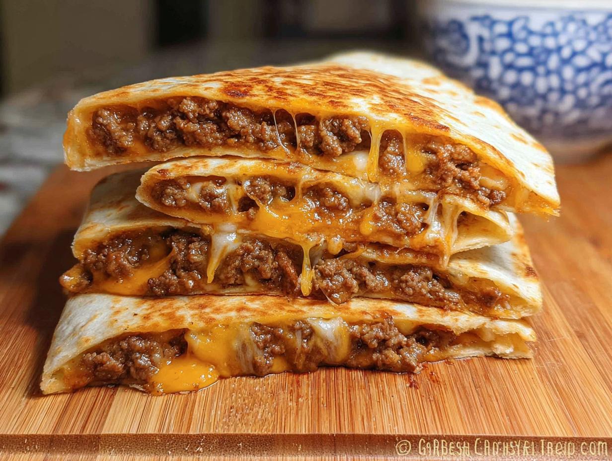 A stack of four cheesy beef quesadillas halves showing melted cheese stretching between layers of seasoned ground beef.
