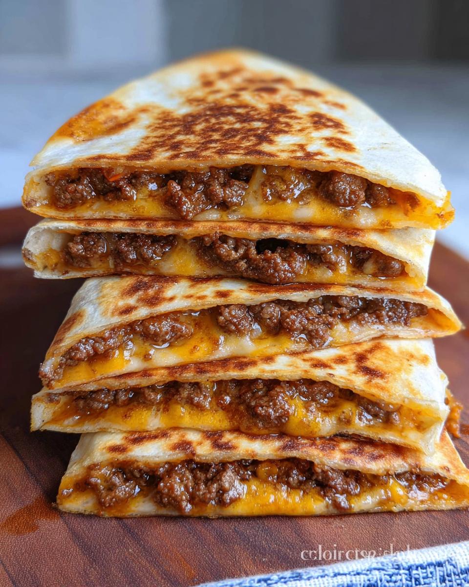 A tall stack of four triangular Cheesy Beef Quesadillas showing layers of seasoned ground beef and melted orange cheese.