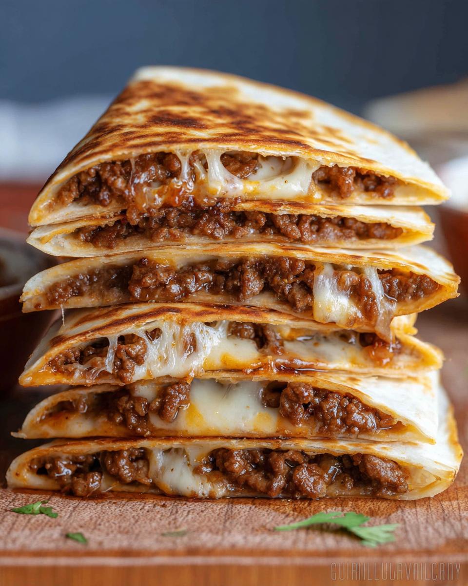 A tall stack of five triangular Cheesy Beef Quesadillas showing melted cheese oozing out with savory ground beef filling.
