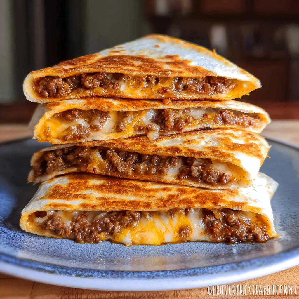 Four stacked, golden-brown wedges of Cheesy Beef Quesadillas oozing with melted cheese and seasoned ground beef.