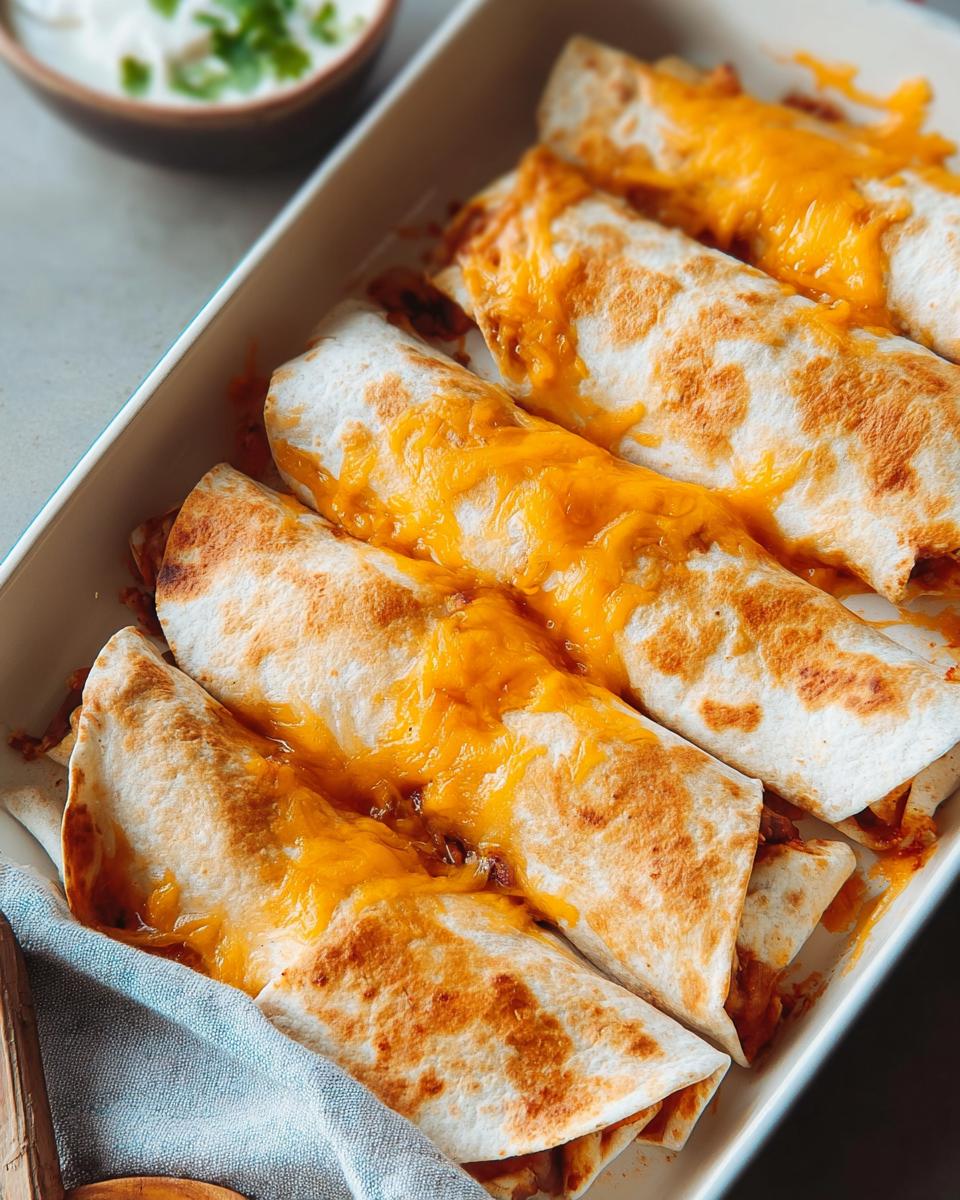 Close-up of cheesy enchiladas in a baking dish, a perfect quick dinner idea.