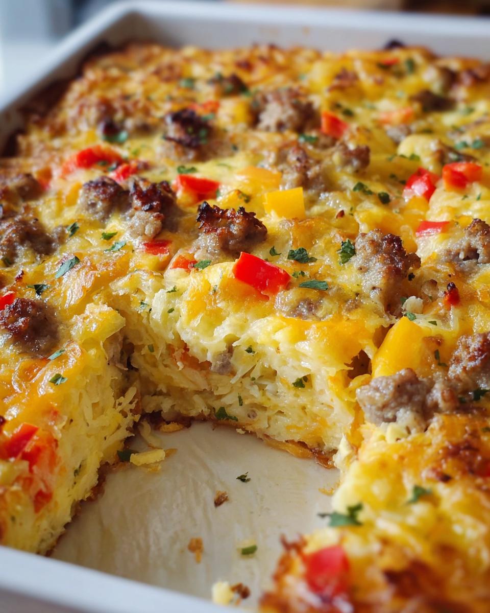 Close-up of a baked Cheesy Hashbrown Breakfast Casserole showing a serving removed, topped with sausage, cheese, and bell peppers.