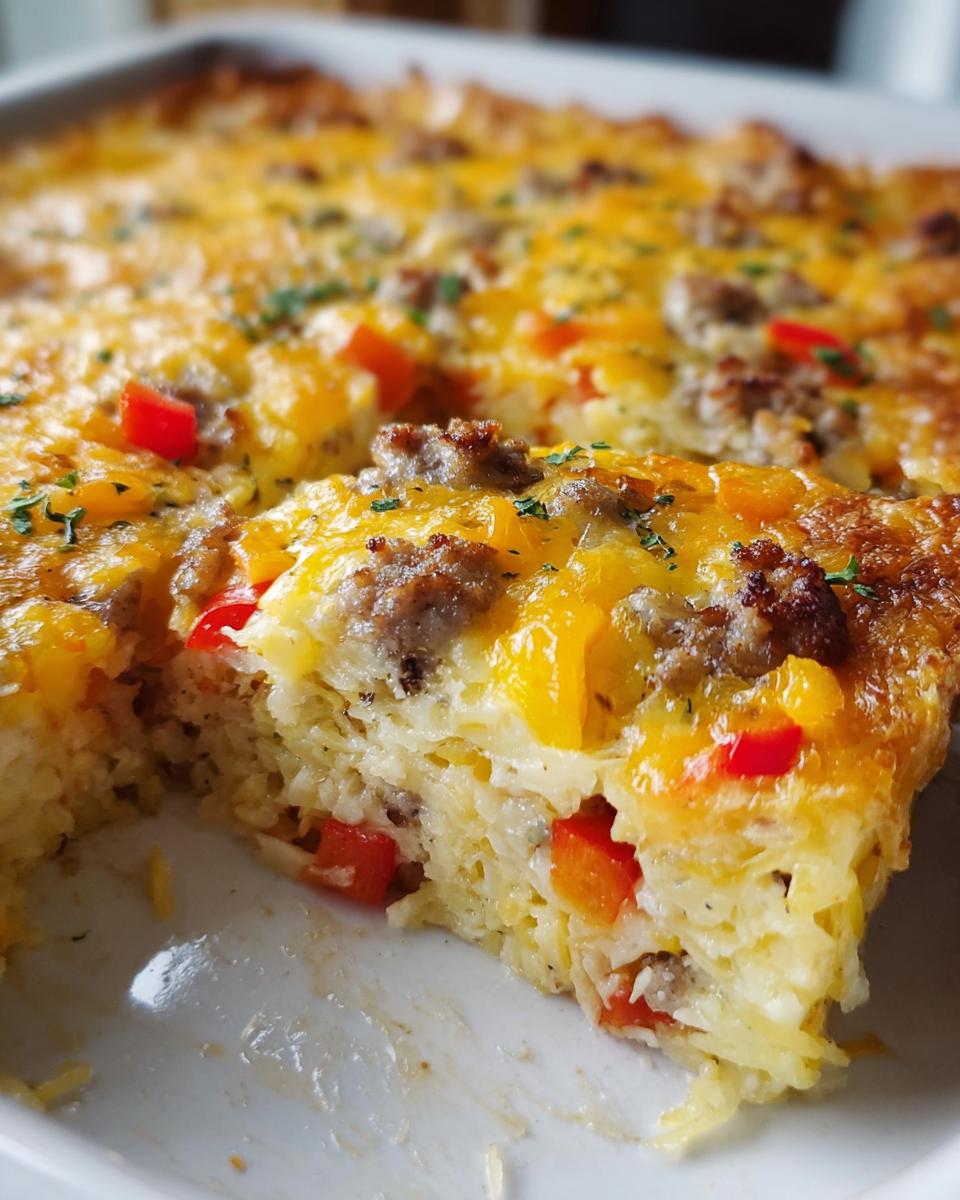Close-up of a serving scooped from the Cheesy Hashbrown Breakfast Casserole, showing melted cheese, sausage, and peppers.