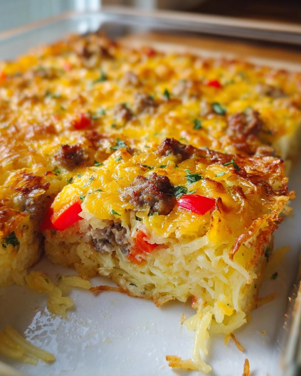 A close-up of a serving removed from a Cheesy Hashbrown Breakfast Casserole showing layers of shredded potatoes, sausage, and melted cheddar cheese.